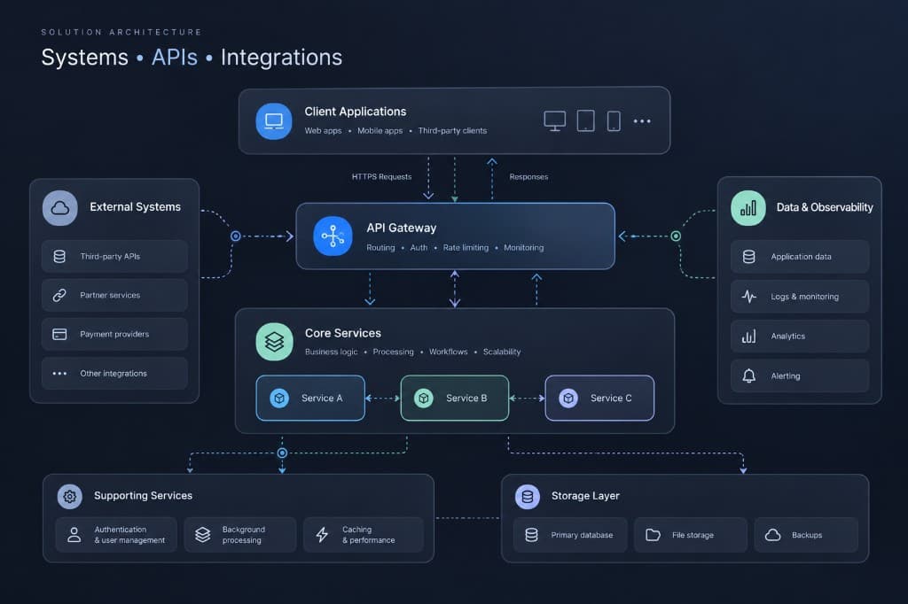 Solution architecture diagram showing API gateway, core services, and integrations