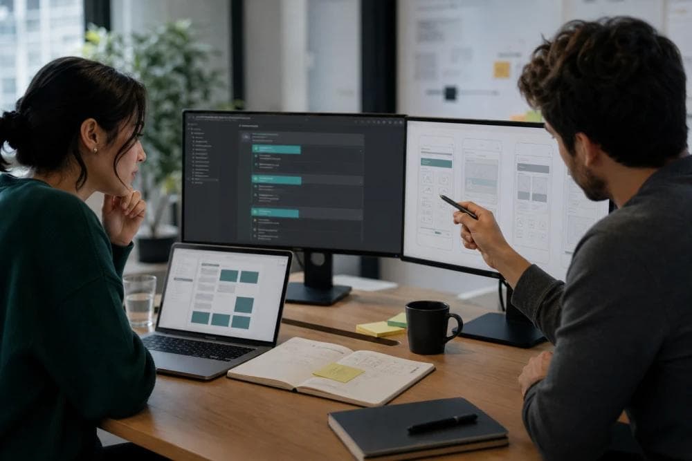 Two people collaborating at a desk with design mockups and development screens