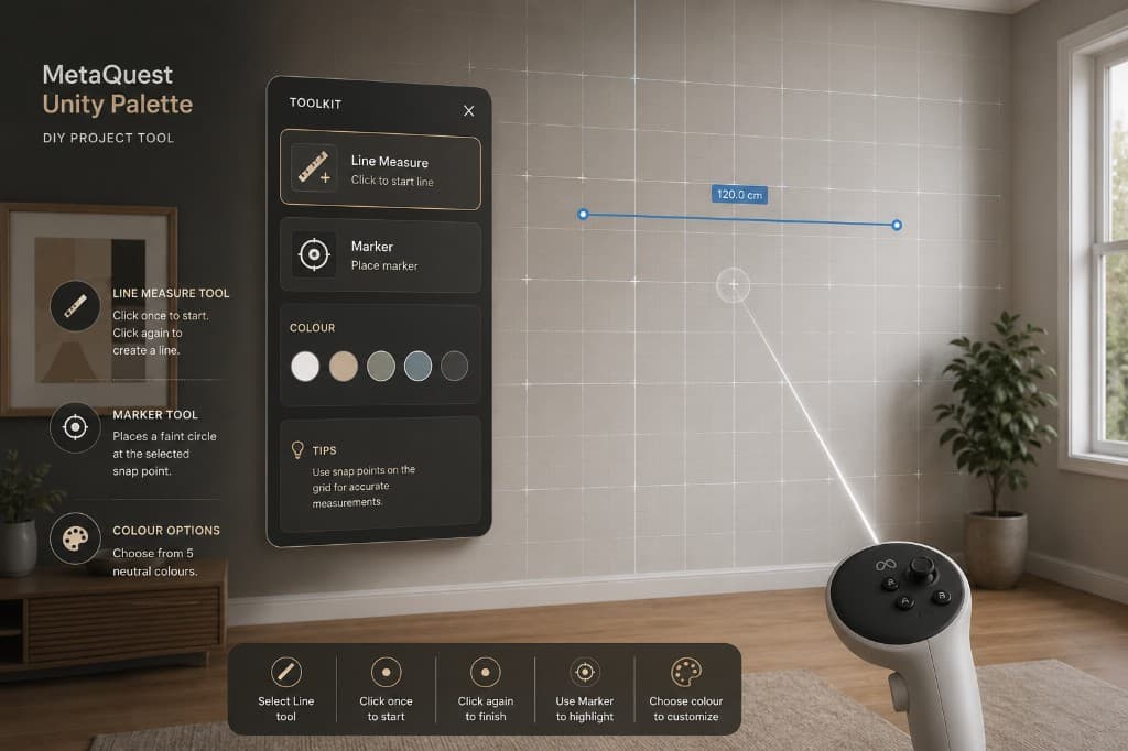 Mixed reality DIY project tool on Meta Quest, measuring a wall in a living room