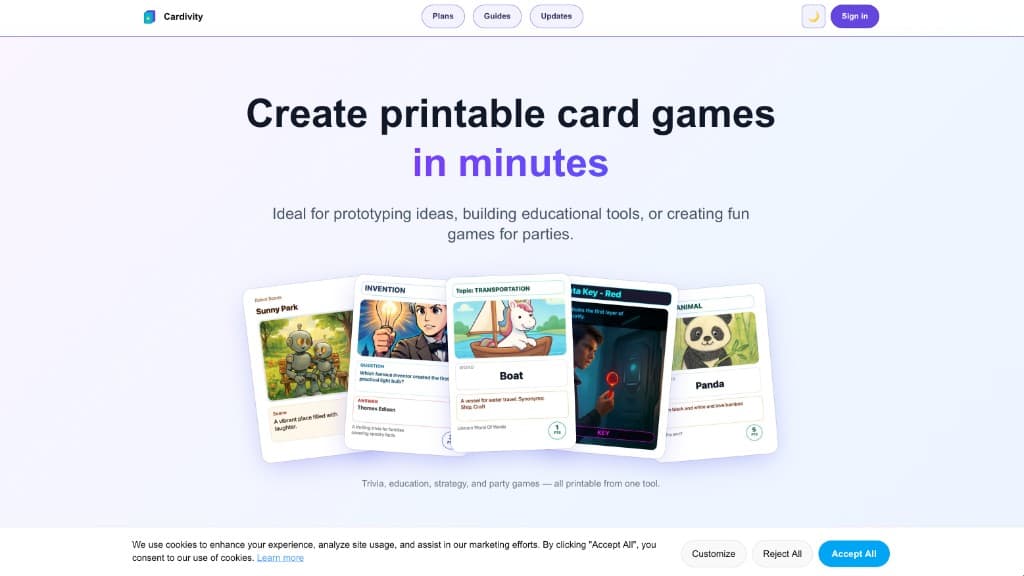 Cardivity website hero showing a fan of printable game cards